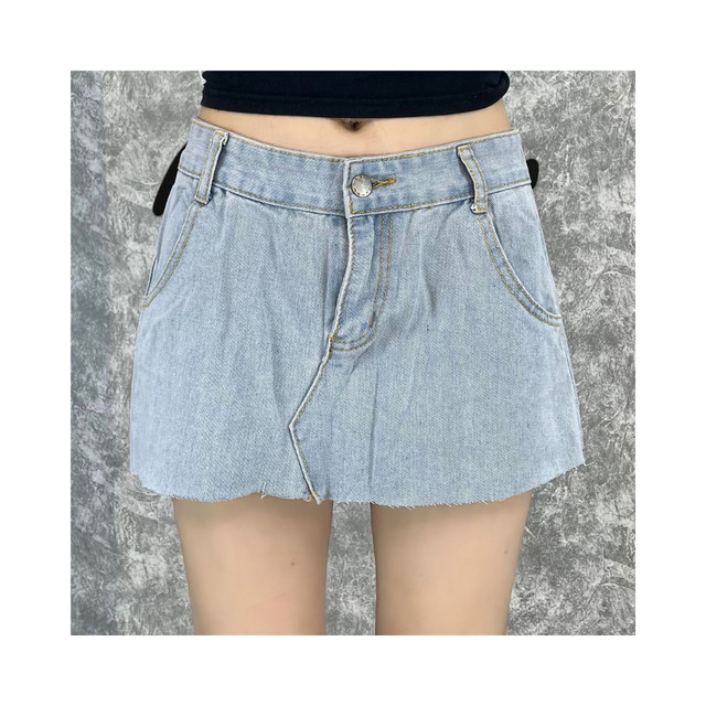 American hot girl denim skirt women ins fashion old blue mid-high waist slimming summer irregular miniskirt
