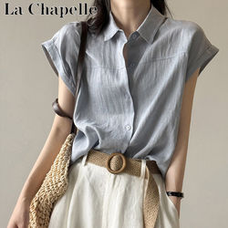 La Chapelle High-End Linen Short-Sleeve Shirt for Women, 2026 Spring/Summer New Style, Small Flutter Sleeves, Turn-Down Collar, Loose Thin Top