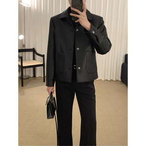 
Acha and Agu [Early Spring Leather Jacket] Black Lapel Short Leather Jacket Men's Korean Style Front Shoulder Leather Jacket