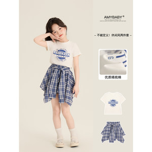 Amybaby girls suit summer 2026 new round neck letter T irregular design plaid skirt