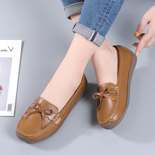 Women's Leather Peas Shoes - Soft Printing Flat-Heel Mother Comfort Shoes
