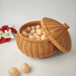 Household Egg Basket with Lid, Snack Basket, Tea Basket, Round Handmade Imitation Rattan Woven Storage Basket