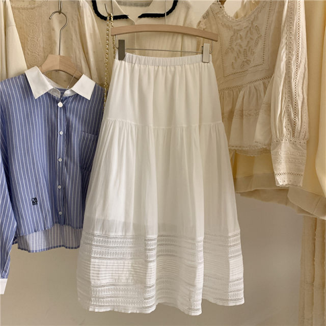 White skirt female 2024 new summer embroidery hollow stitching A -line long size umbrella skirt high waist puff skirt
