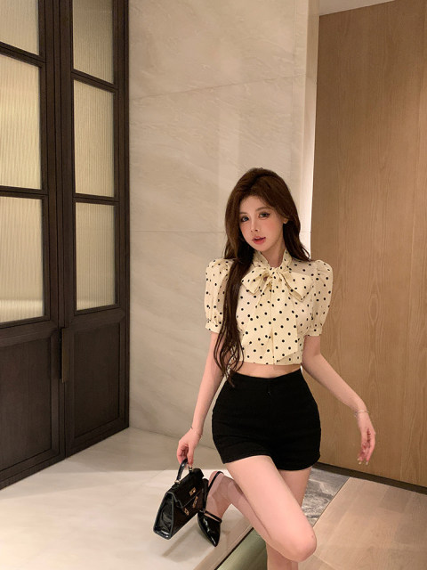French retro bow polka dot shirt for women summer design short puff sleeves slim waist shirt top