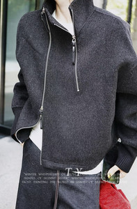 
European station 2025 autumn and winter design stand-up collar double zipper knitted splicing sleeves cashmere wool double-sided jacket for women