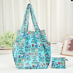 Cartoon Printed Foldable Shopping Bag, Portable Eco-Friendly Bag with Large Capacity and Separate Water Bottle Holder, Single Shoulder Commuter Bag