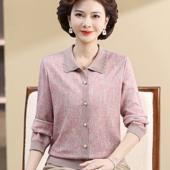 Mom's spring and autumn fashionable lapel pure cotton T-shirt base shirt