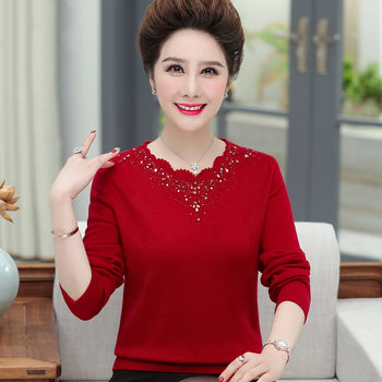 This Nunn Nian Mom pretend to be a red sweater female spring and autumn new middle -aged large size bottoming shirt, foreign western, middle -aged and elderly wool sweater
