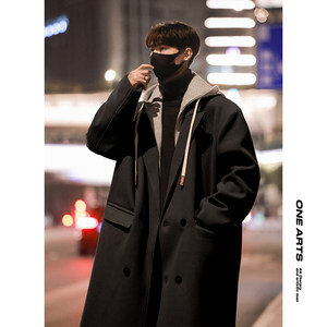 
Fake two-piece hooded woolen coat men's spring Korean fashion brand British style mid-length gray windbreaker jacket