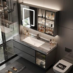 Light Luxury Slate Ceramic Seamless Integrated Vanity Cabinet Solid Wood Smart Bathroom Cabinet Washbasin Cabinet Washstand