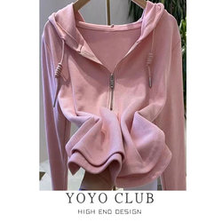 Brand Discount Plus-Size Hooded Half-Open Collar Regular Shoulder Long-Sleeve Sweatshirt for Women, Autumn Slimming Design with Irregular Top