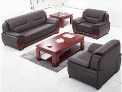 New Chinese-Style Office Sofa and Reception Room Coffee Table Set, Three-Seater Genuine Leather Office Sofa Set, Direct Sales from the Manufacturer