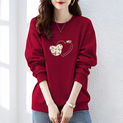 Pure Cotton Hoodless Crew Neck Pullover Women's Sweatshirt with Fleece Lining, Thickened for Spring, Autumn, and Winter, Plus Size, Loose Fit, Slimming Long-Sleeve Top