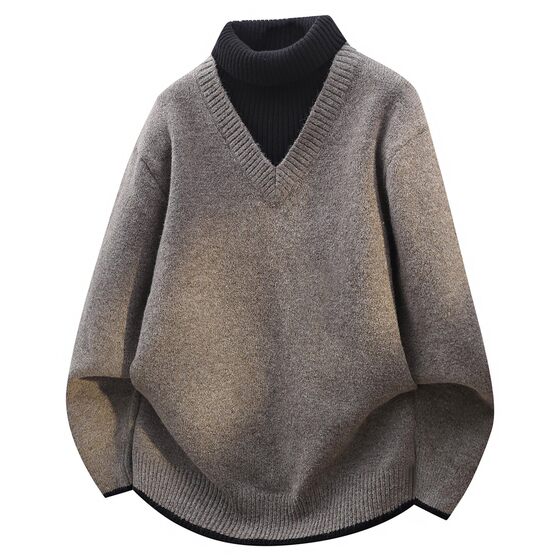 
Turtleneck fake two-piece sweater for men in winter loose warm thickened sweater winter clothing for men with knitted bottoming shirt