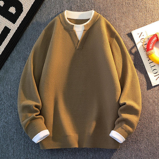 
Fake two new men's sweaters trendy brand 2025 autumn and winter thickened versatile inner men's knitted bottoming shirt tops