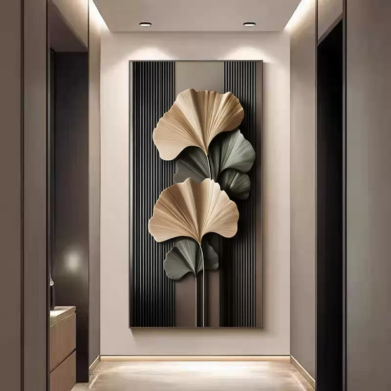 轻奢现代银杏叶高级装饰画客厅玄关过道走廊正对入户