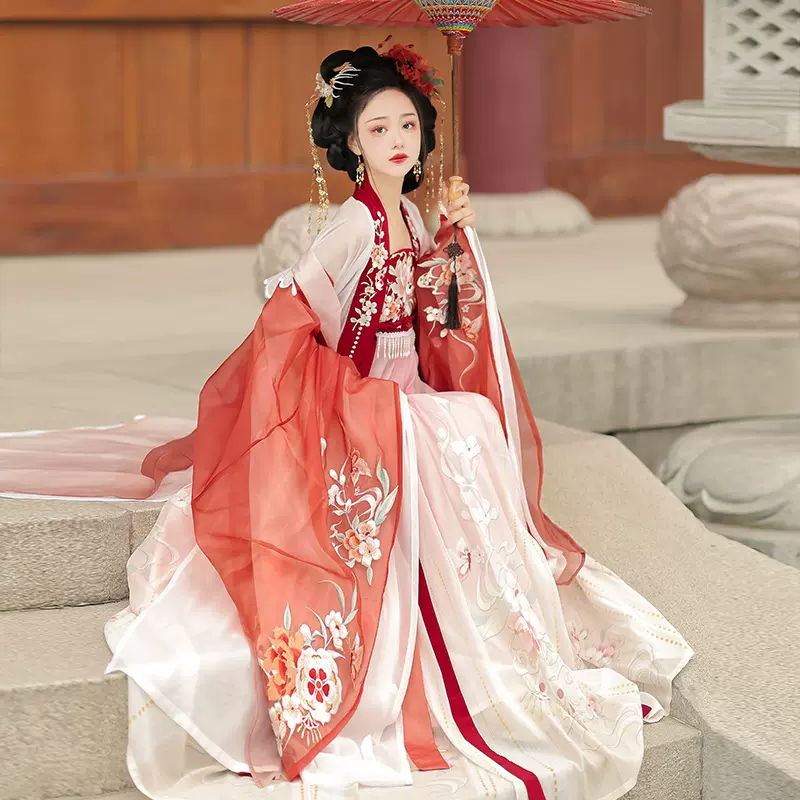 南巷瑾夏原創漢服唐制訶子裙春秋古裝新款桃花仙子超仙重工刺襦裙-Taobao