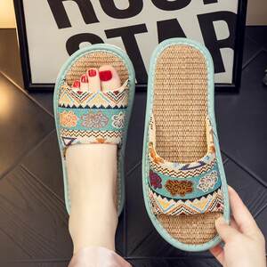 
Ethnic style linen slippers Home summer women's indoor home wood flooring non-slip breathable fabric sandals for men
