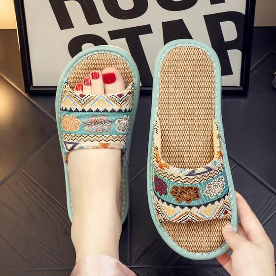 
Ethnic style linen slippers Home summer women's indoor home wood flooring non-slip breathable fabric sandals for men