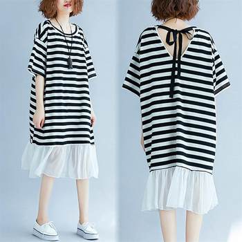 Large size women's fat MM cover belly, summer striped back tie -back bold, fish tail hem stitching tide