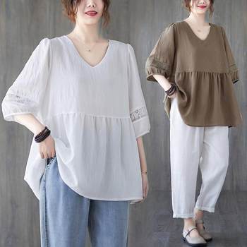 Summer loose large-size lace spliced ​​puff sleeve shirt for women's V-neck slimming belly-covering baby shirt top trendy