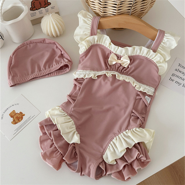 Girls swimsuit 2025 new quick-drying bikini one-piece swimsuit small and medium-sized children's cute lace swimsuit vacation swimming