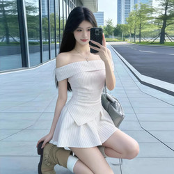 Unique and Beautiful One-Shoulder Striped Dress Set for Women, 2026 New Summer Style Elegant Short Dress