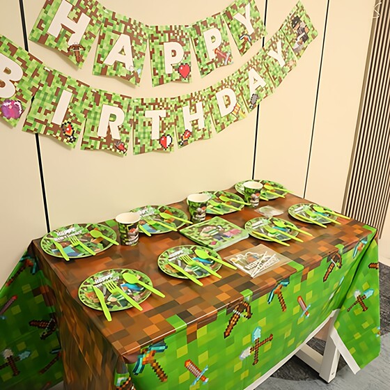 
Minecraft MC game peripheral theme birthday party balloon arrangement decoration disposable tablecloth paper cups and plates