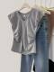 Gray irregular V-neck front shoulder small flying sleeve T-shirt for women's summer 2024 new waist-hugging sleeveless top small
