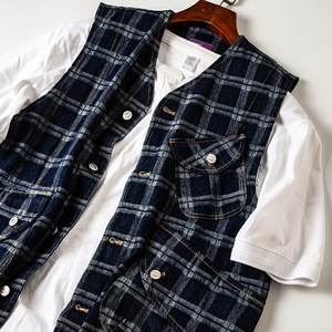 
American multi-pocket work plaid vest Amei Kaji men and women Japanese retro casual vest men's trendy jacket