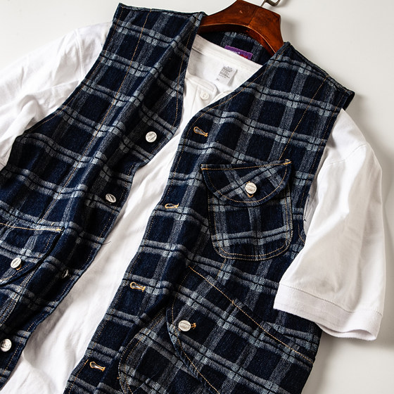 
American multi-pocket work plaid vest Amei Kaji men and women Japanese retro casual vest men's trendy jacket