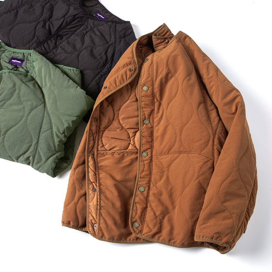 Japanese retro loose quilted cotton inner liner cotton jacket for men and women collarless diamond plaid cotton jacket for couples
