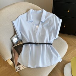 French-Style Fake Two-Piece Lapel Short-Sleeve Shirt for Women, Summer 2026 New Korean Chic Waist-Cinching Slimming Elegant Top