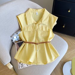 High-End Brand Women's Sleeveless Shirt with Cut Tags, Elegant Summer Korean Style, Slimming Top with Belt