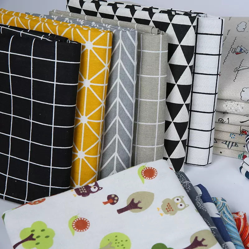 北欧窗帘桌布碎花布印花棉麻布料格子黑白格子布料手工diy