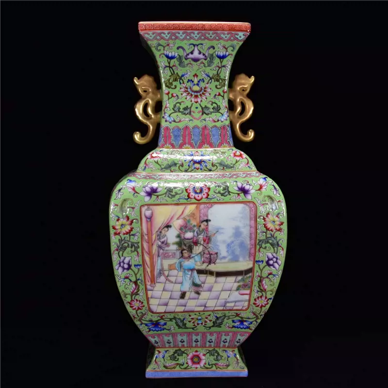 清代雍正年间珐琅彩人物纹鎏金四方双耳瓶古董古玩古瓷器老货包老-Taobao