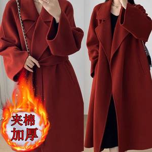 
New Year's red high-end woolen coat for women in winter mid-length quilted and thickened trendy suit woolen coat