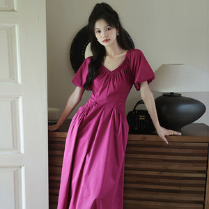 
French retro heart-shaped collar puff sleeve white long dress 2026 summer high waist slim vacation dress 6947