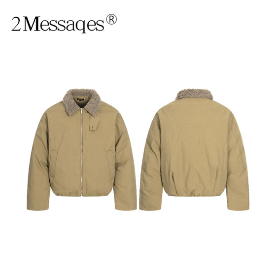 
2Messages American Barn style spliced sherpa lapel cotton coat men's loose warm retro couple jacket
