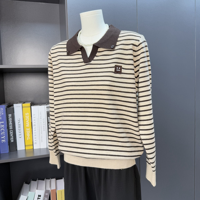 
Middle-aged woman mother dressed with striped sweater for women middle-aged and elderly lapel long sleeve base shirt and loose top