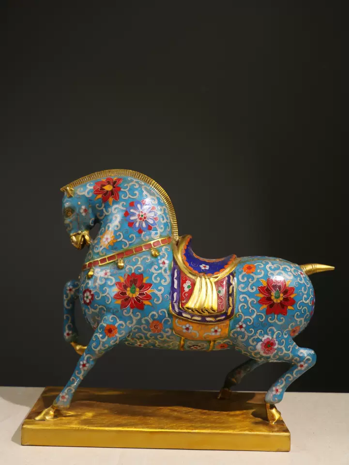 珍藏铜鎏金景泰蓝【马到功成】大摆件纯手工掐丝珐琅彩高34厘米