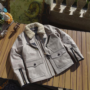 Only 165 pieces of American retro military style batik vintage cowhide wool collar flight suit cotton genuine leather leather jacket men
