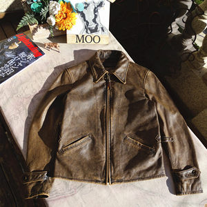 American retro classic Depp 1940 top leather jacket men's khaki lapel leather short motorcycle jacket