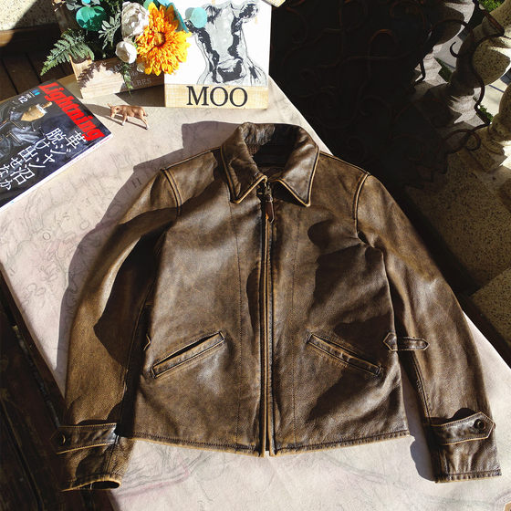 American retro classic Depp 1940 top leather jacket men's khaki lapel leather short motorcycle jacket