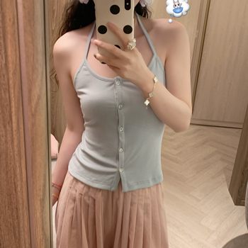 
Emilyying's new autumn and winter products, light blue pure single-breasted inner layered knitted neck halter