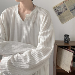 American High Street V-Neck Sweatshirt for Men, Spring and Autumn, Solid Color, Casual, Versatile, Textured, Heavyweight, Fleece-Lined, White Long-Sleeve T-Shirt