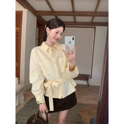 Wenran Light Yellow Lace-Up Shirt for Women, Spring Shirt, Workwear, Casual, High-End, Elegant Outerwear