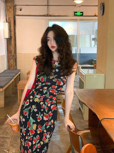 Wine Noon Homemade [Full Wisdom] French Vintage Black Fragmented Flower Long Dress Children's Summer New High Waist Dress