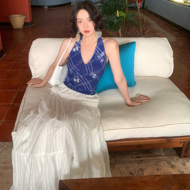 Jiuwu homemade new French retro plaid neck v-neck short vacation short top