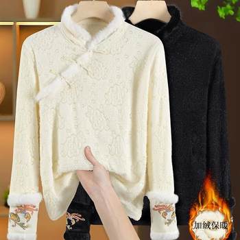 Chinese style base shirt for women with retro slanted placket embroidery light Chinese style shirt for autumn and winter plus velvet thickened warm top
